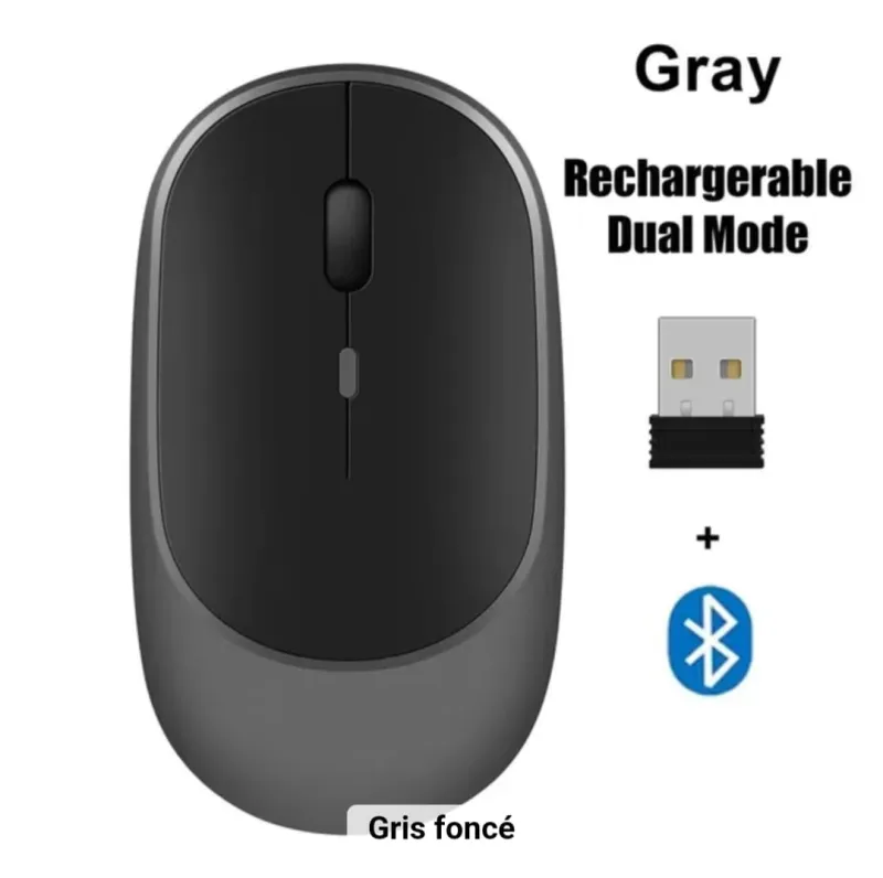 Souris Sans Fil Rechargeable Dual Mode – Bluetooth + USB – Gris